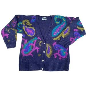 Vintage Gallagher Women M Grandpa Cardigan Sweater Button Argyle Blue